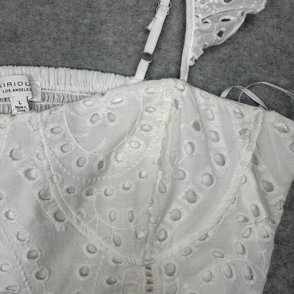 KIRIOUS Eyelet Lace Ruffle Sleeves Bustier Crop Top WMNS L White Eyelet Smocked - Picture 4 of 6
